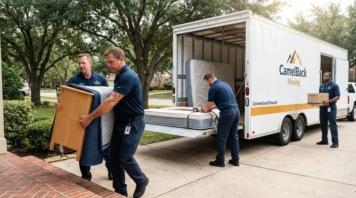 Crew loading residential truck for cross-state move from Plainfield, CT