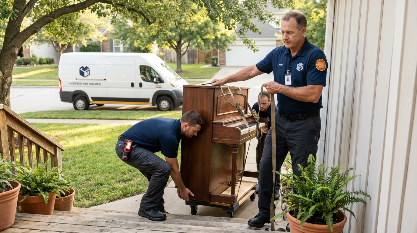 Licensed piano movers securing grand piano in Plainfield, CT