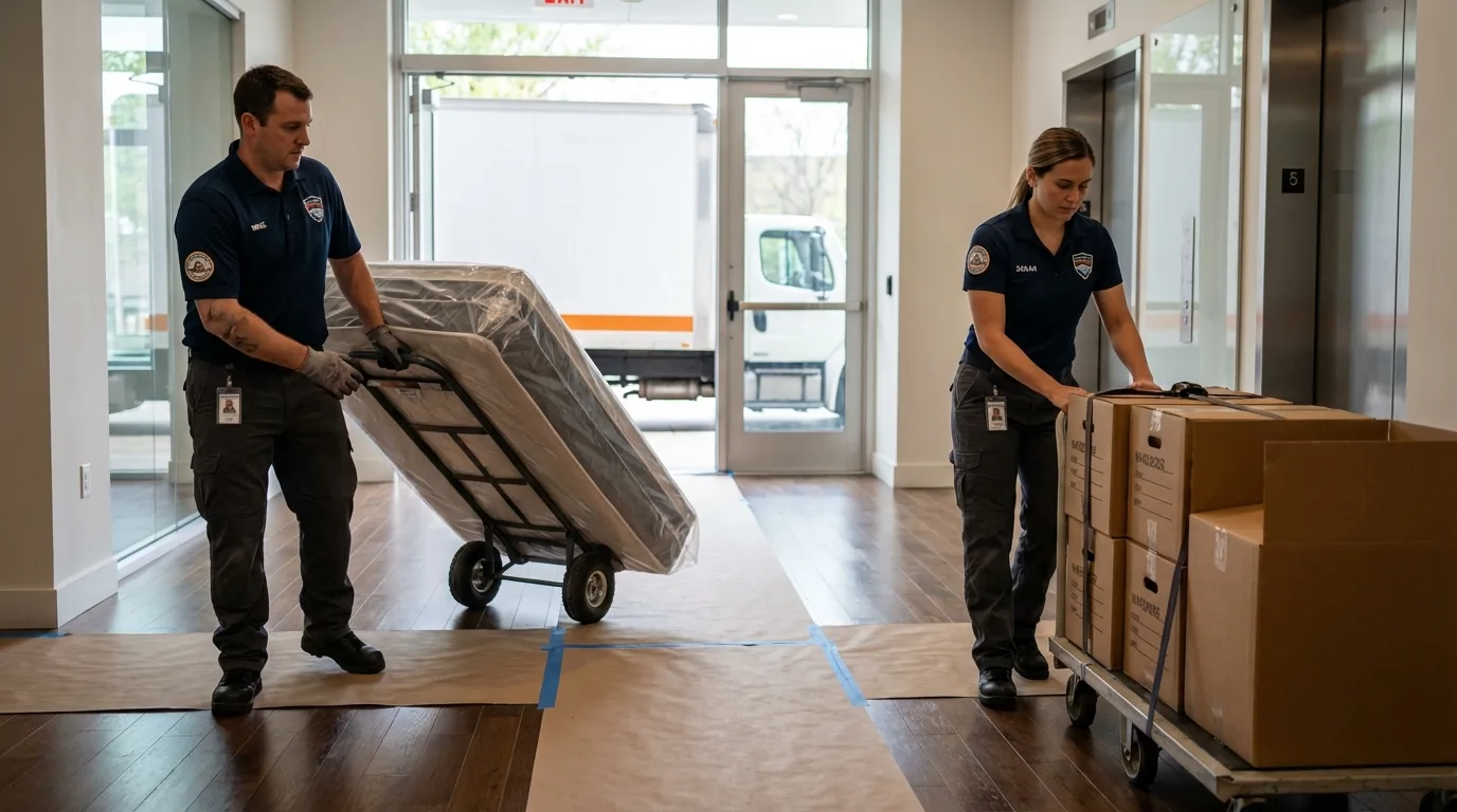 Professional apartment movers loading elevator in Plainfield, CT